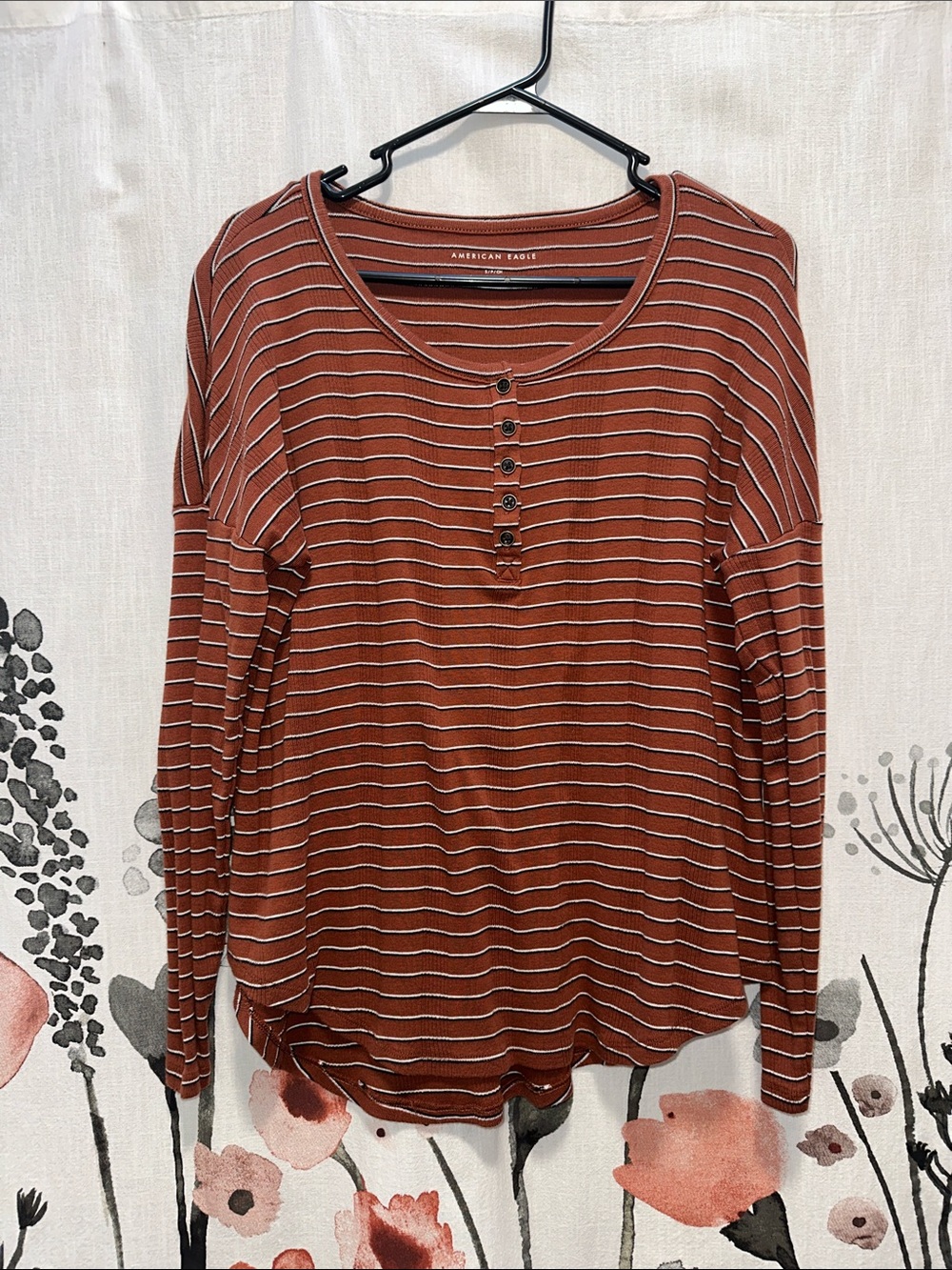 American Eagle Outfitters Rust Brown Striped Henley Long Sleeve